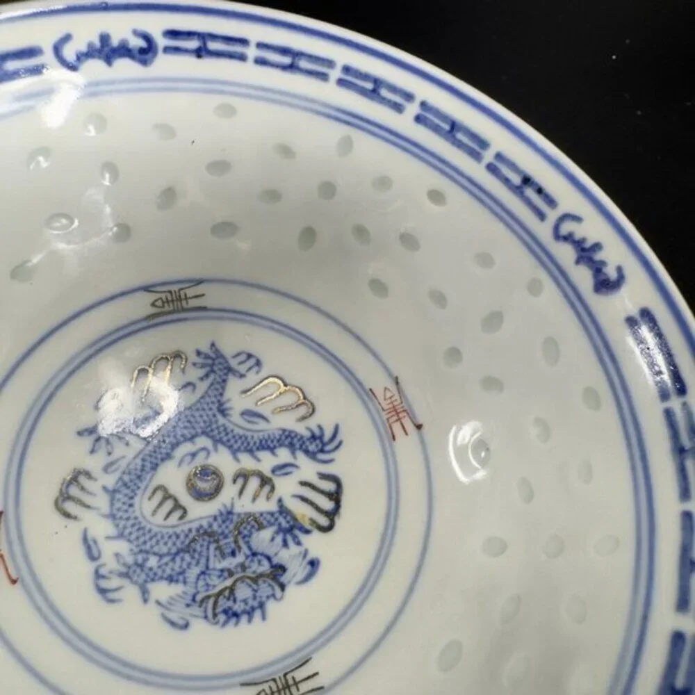 Vintage Chinese‎ Porcelain Rice Grain Bowl And Spoon Decorated Bowl With Sticker
